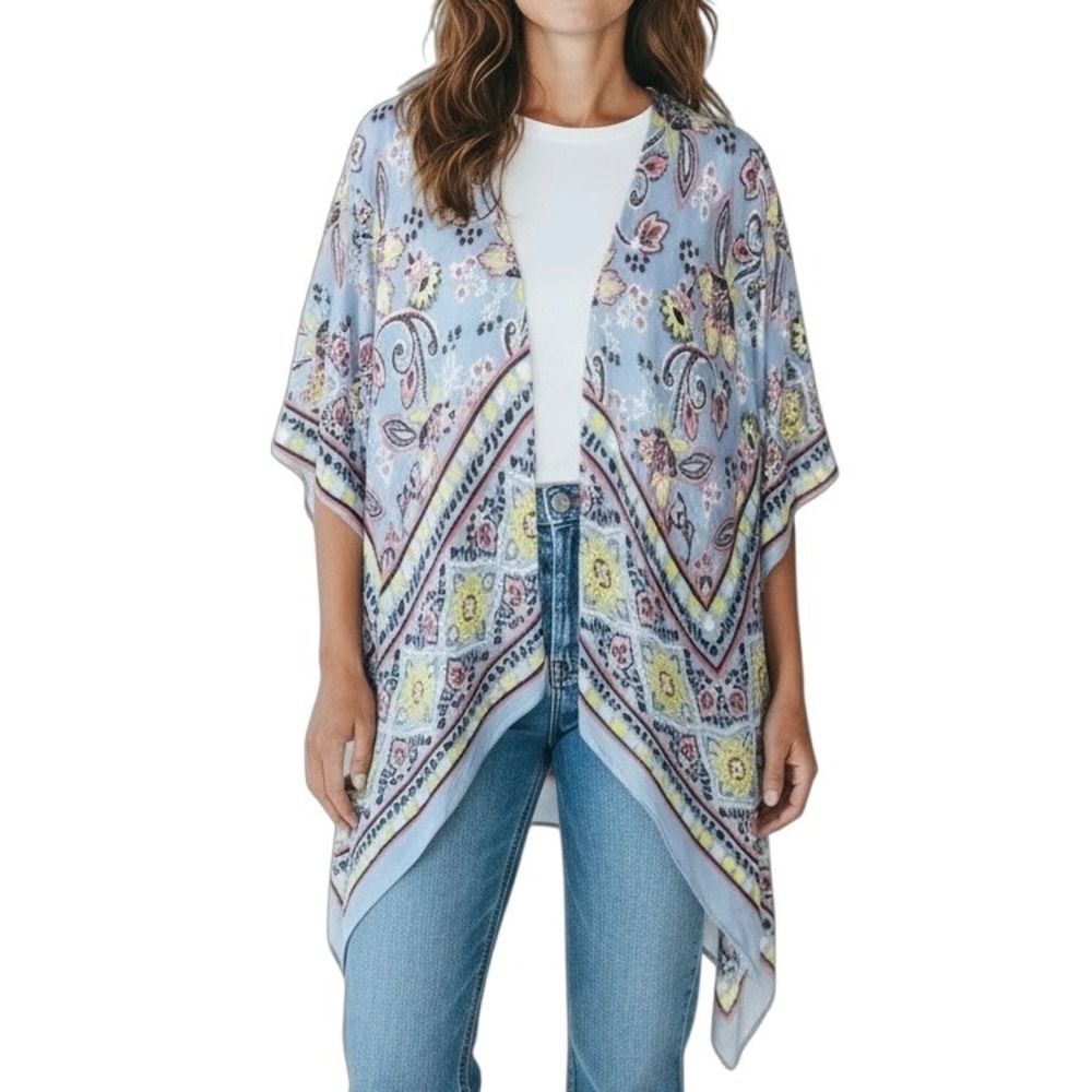 Maurices Caftan Floral Print Kimono Open Front Light Blue Shawl Duster Cover Up